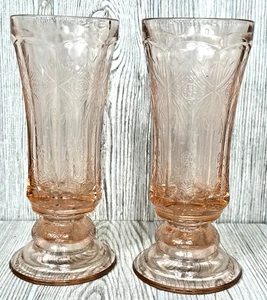 Indiana Glass Recollections Pink Open Hurricane/Vase Scroll Pattern Set of 2 - Picture 1 of 14