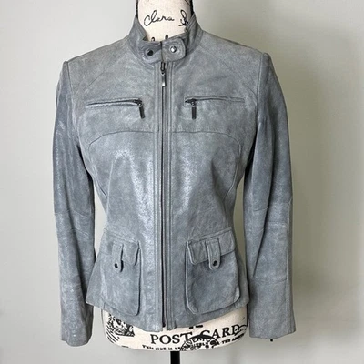 Chaqueta de motociclista ALFANI de cuero gris metálico pequeña para mujer Foto 1 de 4