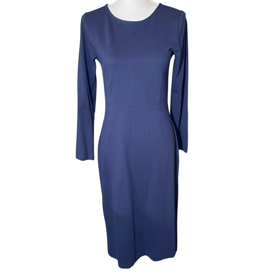 J Crew Navy Blue Long Sleeve Ponte Knit Midi Sheath Dress Size 6 Back Zip Cotton - Image 1 of 4
