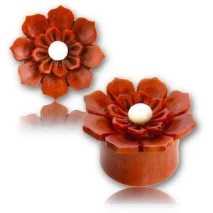 PAR DE TAPONES DE MADERA DE ROSA TALLADA FLOR FREGONA TAPONES MEDIDORES TÚNELES - Imagen 1 de 3
