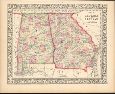 1866 Georgia & Alabama - Mitchell antique map ~15.25" x 12.3" - nice color - Image 1 of 4