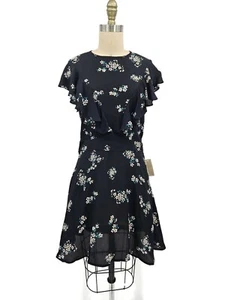 New Flynn Skye Remi Mini Dress Womens L Black White Floral Ruffles Rayon - Picture 1 of 7
