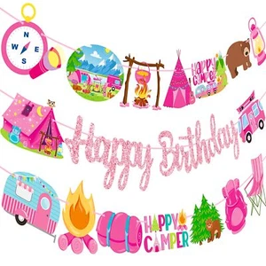 Happy Camper Birthday Party Banners Girls Camping Birthday Decorations 2PCS H... - Picture 1 of 8