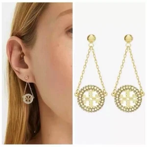 Tory Burch Lady Crystal Earrings Classic Double T Logo Elegant Fashion - Picture 1 of 7