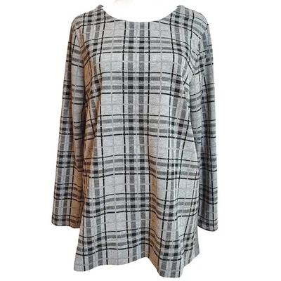 J Jill Women's Long Sleeve Blouse Size Medium Gray Black Metallic Plaid Office - Image 1 of 4