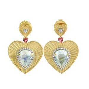 Luxury Heart Shaped Dangle Earrings 14k Yellow Gold Moonstone Diamond Tourmaline - Picture 1 of 6