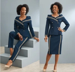 20W PLUS Ashro Formal Wedding Church Lyta 3-Pc Denim Wardrober Pant Skirt Suit - Picture 1 of 6