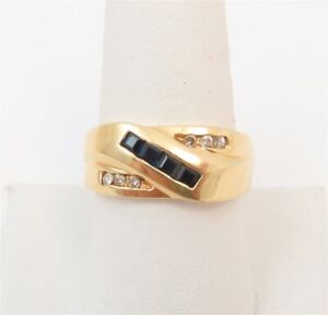 Diagonal Men's Band Ring Size 8.5 14K Yellow Gold Sapphire & Diamond Accent