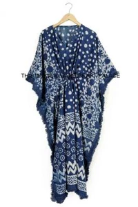 Anokhi,Vintage Indian Block Print Cotton Kaftan Long Maxi Dress Indigo Caftan - Picture 1 of 3