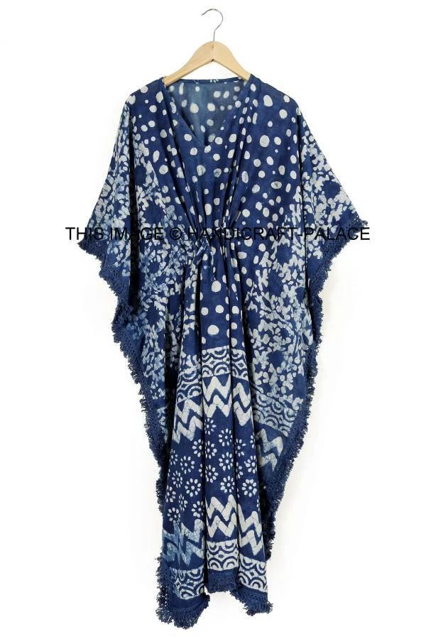 Anokhi,Vintage Indian Block Print Cotton Kaftan Long Maxi Dress Indigo Caftan - Image 1 of 3