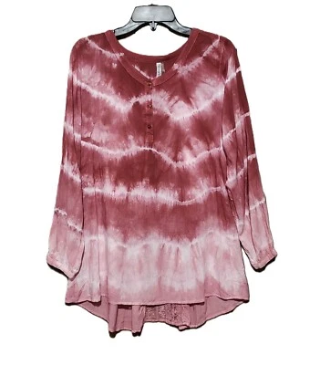 Monoreno M Women's Pink Burgundy Lace Trim Tie Dye Blouse Top Tunic - Image 1 of 4