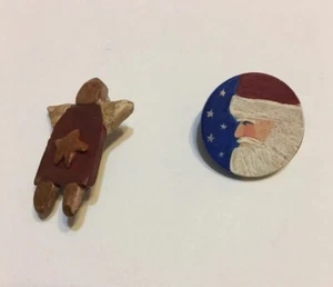Handmade Holiday Christmas Pins Angel Santa Set Of 2 One Inch Height Rustic - Picture 1 of 5
