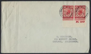 UK GB US 1931 PAQUEBOT PLYMOUTH CANCEL TYING PAIR 1/2d TO OAKLAND CAL - Bild 1 von 1