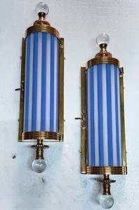 PAIR ANTIQUE VINTAGE ART DECO METRO LIGHT BRASS CASE BLUE ROD WALL SCONCES LAMP - Picture 1 of 7