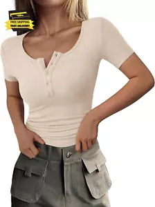 Women'S 2025 Summer Short Sleeve Tops Ribbed Henley Button up Slim Fit Basic Cas - Picture 1 of 8