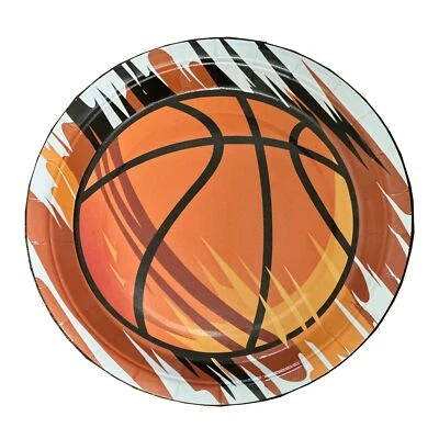 Paquete de 24 platos de papel de fiesta de baloncesto de 9 pulgadas redondos diseño naranja y negro Foto 1 de 4