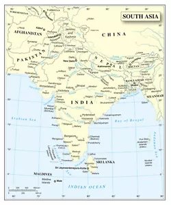 South Asia Political Administrative Physical Waterways Region Map Print - Picture 1 of 1