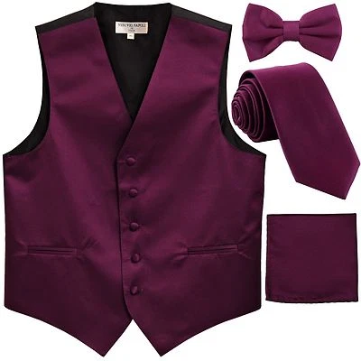 New Men's tuxedo Vest Waistcoat With Necktie, Bowtie & Hankie Set Dark Purple - Image 1 of 4