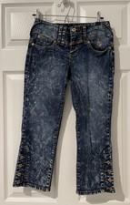Baby Phat Acid Wash Crop Jeans Button Hem Flap Pocket Embroider Sz 3 (26x22) EUC
