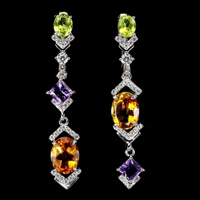 925 Sterling Silver Earrings Oval Citrine Amethyst Peridot Gemstone Jewelry - Image 1 of 4