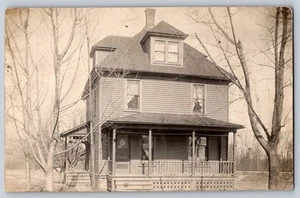 Two-Story House with Dormer & Porch Railing, Sepia Winter Scene c1910 - Picture 1 of 2