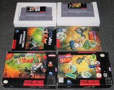 Earthworm Jim 1 & 2 (Super Nintendo SNES) Complete in Box CIB Lot of 2, VG