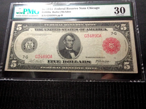 1914 $5 FRN CHICAGO RED SEAL (FR#838a) PMG 30 Cover