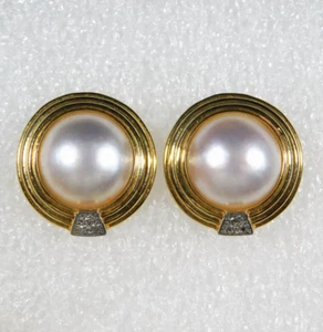 J M 14K GOLD DIAMONDS Mabe PEARLS Vintage Post EARRINGS, Estate - Picture 1 of 7