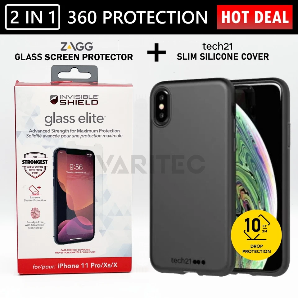 Zagg Glass Screen Protector + Tech21 Gel Case Back Cover for Apple iPhone X XS - Image 1 of 1
