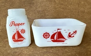 Vintage McKee Red Ships Milk Glass Pepper Shaker (No Lid) & Refrigerator Dish - Picture 1 of 24