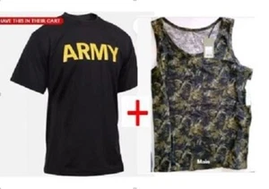 Black Army Short Sleeve T-Shirt with Gold Print + FREE CAMOUFLAGE TOP TANK - Picture 1 of 15