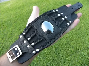 Black bracelet hematite stone genuine Buffalo Bison leather cuff adjustable - Picture 1 of 8