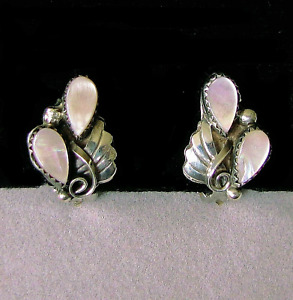 Mother of Pearl Clip Earrings Vintage 1970s Navajo Sterling Silver Pink