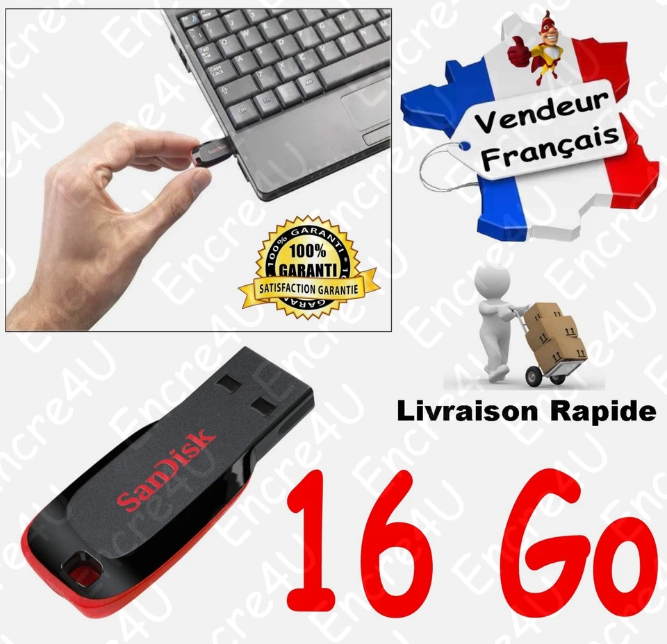 Clé USB 16 Go SanDisk - Type Cruzer Blade - Existe aussi en : 8 32 ou 64 Gb Giga - Photo 1/1