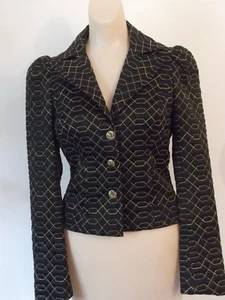 Blazer vintage Betsy Johnson seda negra con oro hilo metálico diseño, talla 6 - Imagen 1 de 6