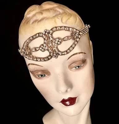 Auténtica aleta decorativa de diamantes de imitación de la década de 1920, diadema, tocado, dorado, nupcial Foto 1 de 4