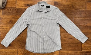 NWT Express Slim 1MX Button Up Shirt Mens MEDIUM White Gray Striped - Fast S/H - Picture 1 of 15