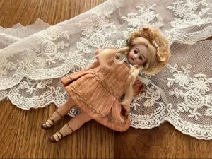 👶 Antique Bisque Doll Mignonette 13cm Vintage Blond Long Hair Collectible Rare - Picture 1 of 8