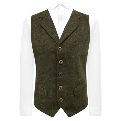 Gilet En Tweed À Motif Herringbone Vert Genévrier De Luxe Avec Revers - Photo 1/4