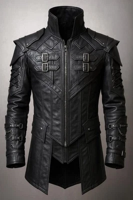 Men’s Gothic Black Leather Jacket with Chains & Buckle Straps | Steampunk Milita - Image 1 of 4