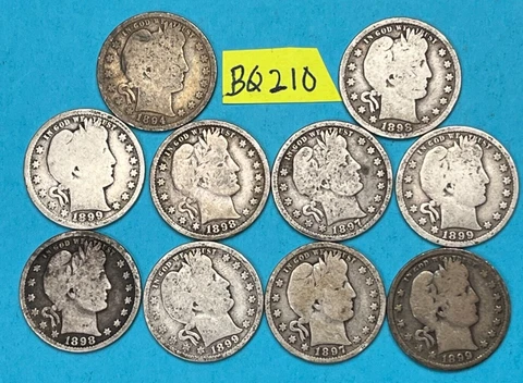 1892-1899 Silver Barber Quarter Roll of 10 Coins | 90% Silver Quarters | #BQ210 Cover