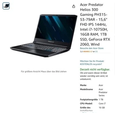 Acer Predator Helios 300 ph315-53-79AR - Bild 1 von 4
