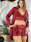 Ladies lingerie nightgown nigh dress lounge wear Lace stain Maroon 3 piece set
