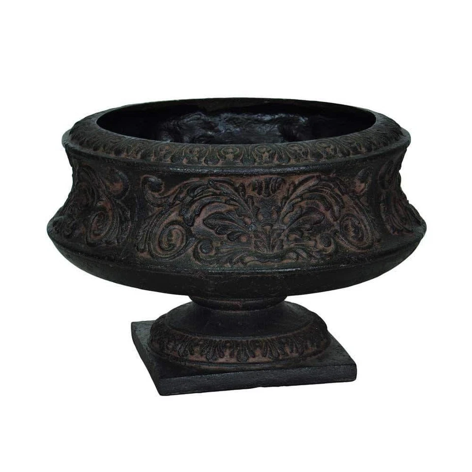 16-1/4 pulgadas X 10-3/4 pulgadas Urna baja ornamentada de fibra de vidrio de piedra fundida en carbón envejecido Foto 1 de 4