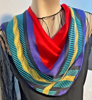 Vintage 34 Inch Large Square Jewel Tones Geometric Print Scarf - Silk - Image 1 of 4