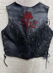 Red Rose Woman’s MC Vest Biker Black Hot Leathers Fringe Motorcycle Sz Small - Picture 1 of 7