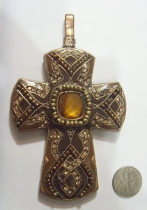 vintage 4 inch large pectoral cross pendant faux citrine gem religious 54222 - Picture 1 of 5