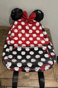 Disney Parks Minnie Mouse Sequined Full Size Backpack with Ears Bow Polka Dots - Picture 1 of 10