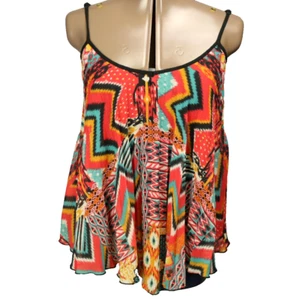 Eyeshadow Geometric Print Chiffon Front Flowy Tank Top Orange Multicolor S - Picture 1 of 17