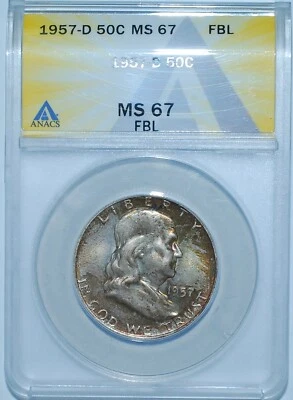 1957 D ANACS MS67FBL Full Bell Lines Franklin Half Dollar - Image 1 of 2